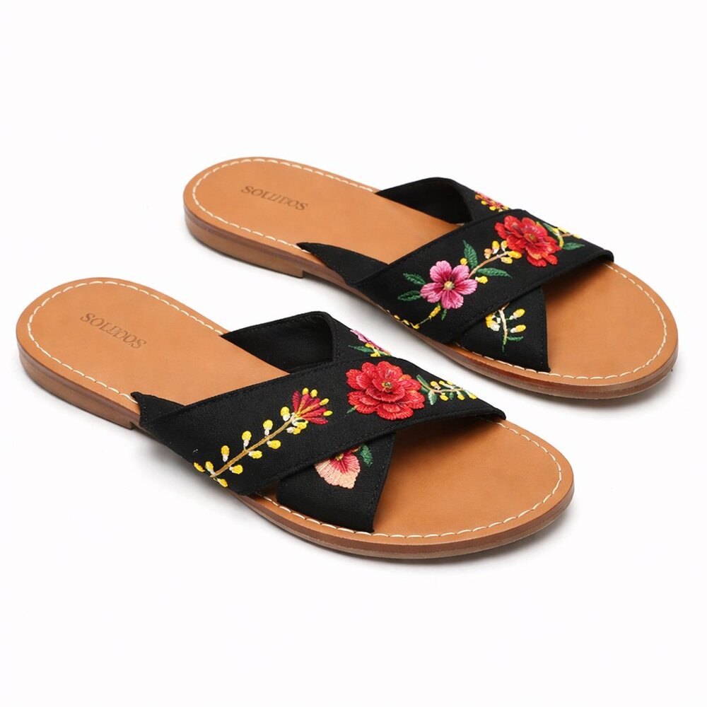 Soludos Black Floral Embroidered Slide Sandals Boho Size 8.5